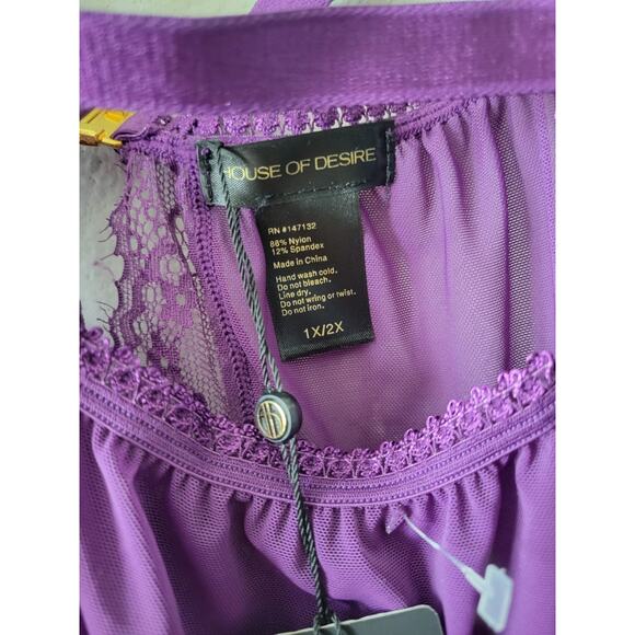 House of Desire Bianca Lace & Mesh Open Cup Babydoll Plum 1X/2X Top - Picture 4 of 4